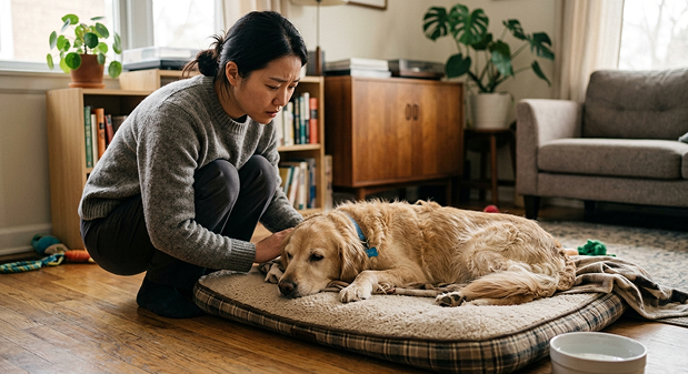 무기력하게 누워 있는 강아지와 걱정스럽게 바라보는 보호자