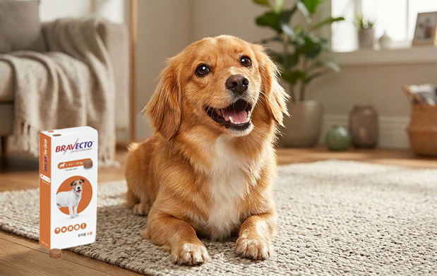 브라벡토 츄어블 제품 패키지와 강아지