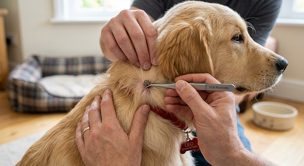 진드기 제거 전용 핀셋으로 강아지 피부에서 진드기를 제거하는 장면